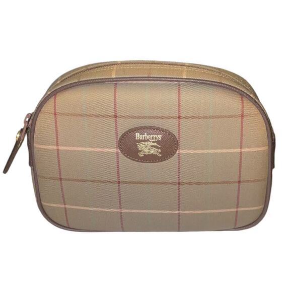 Burberry Vintage Plaid Canvas Pouch  leather Trim in Brown  Like new - Picture 1 of 14